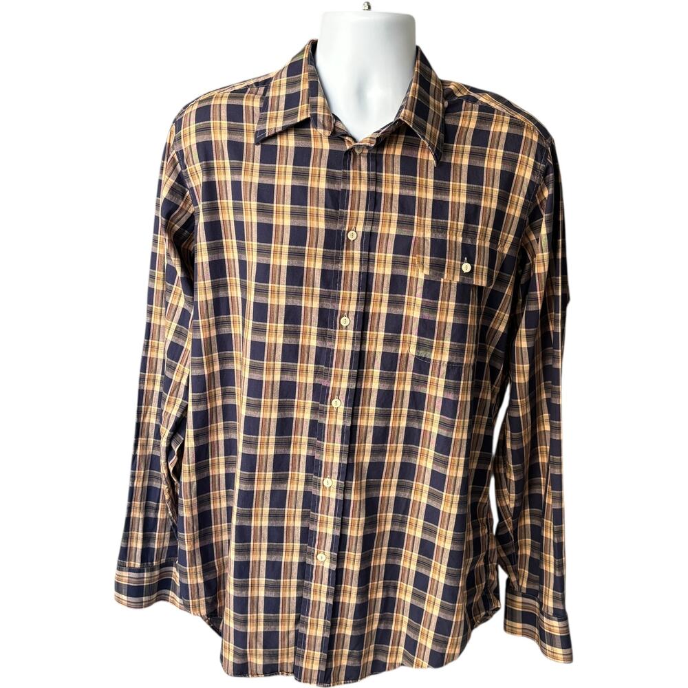 Bill Blass Preppy Plaid Button Down Shirt Navy Tan Brown Classic Fit